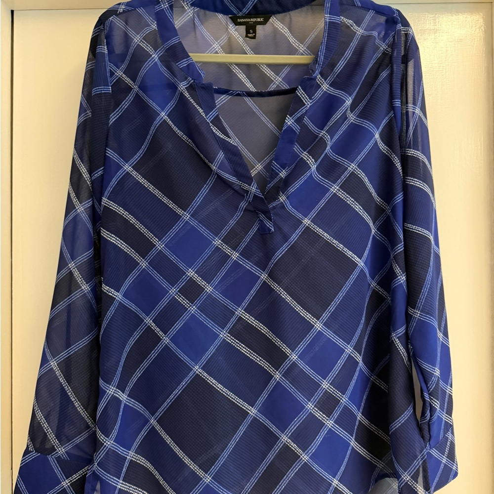 Banana Republic Blue Plaid Sheer V-Neck Blouse, size S
